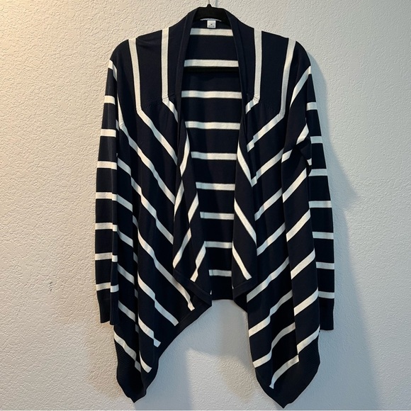 Women’s Nautica navy blue striped drape open front cardigan sweater size M - Picture 2 of 5